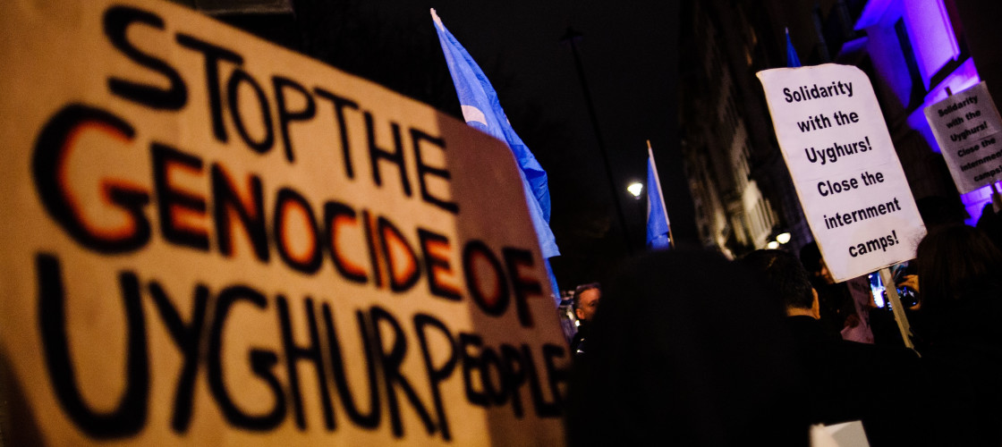 Uighur rights activists stage a demonstration outside the Chinese Embassy in LondonCredit: PA Images